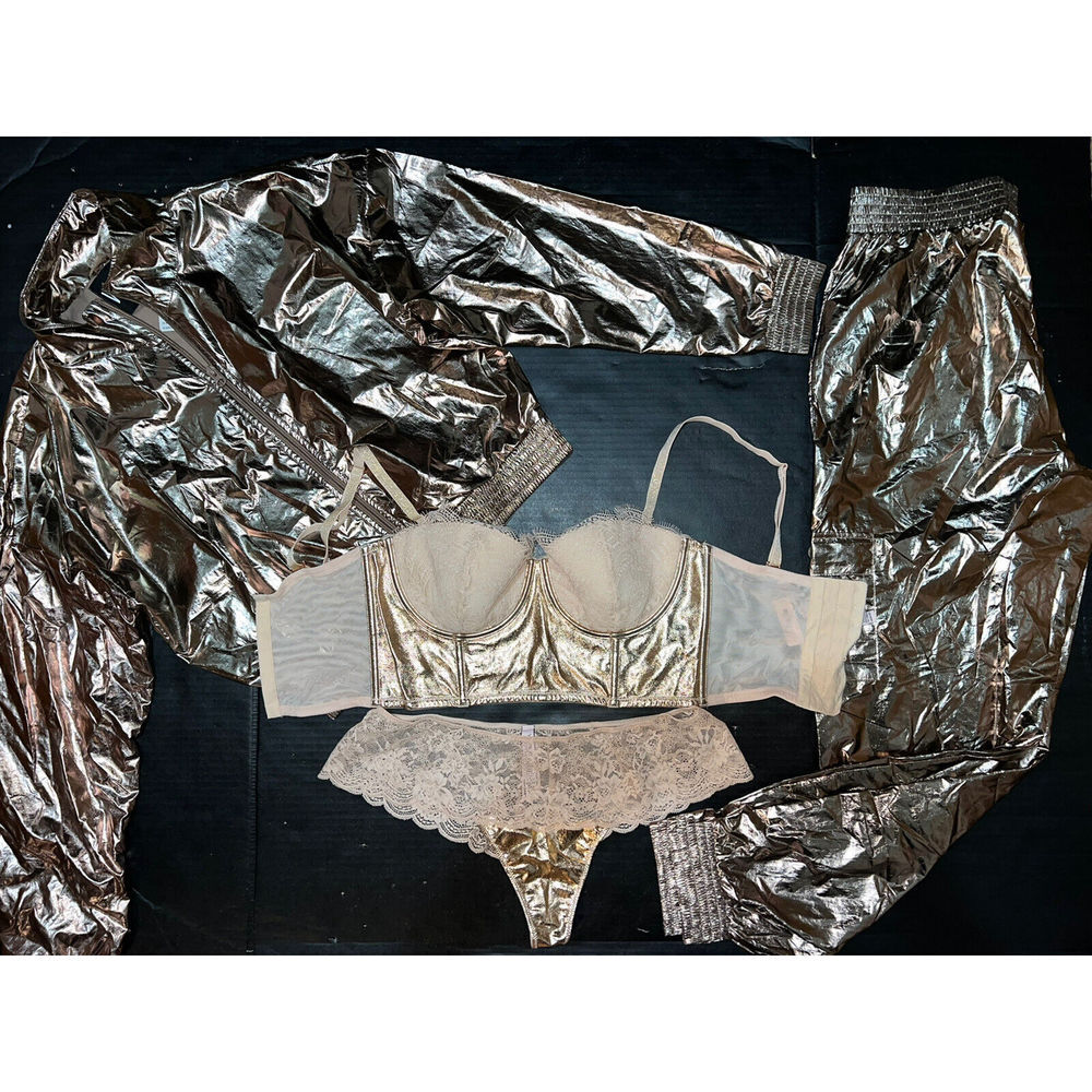 Victoria's Secret longline 34DD BRA SET+thong+TRACKSUIT GOLD foil faux leather